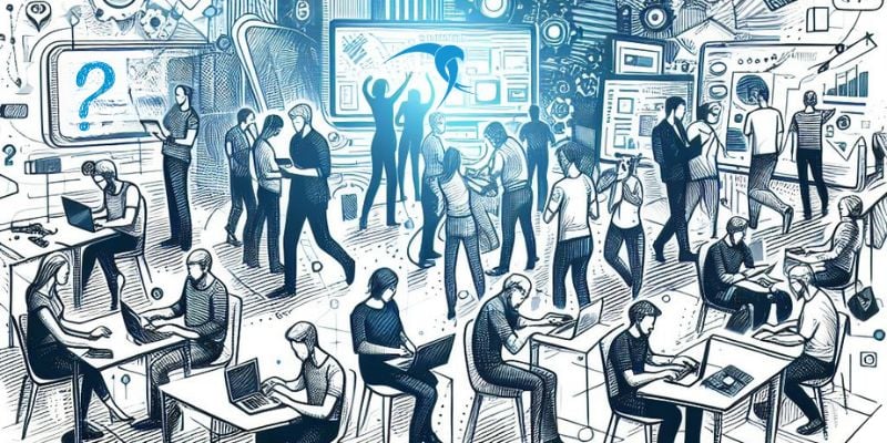 Busy tech office scene with workers and central question mark